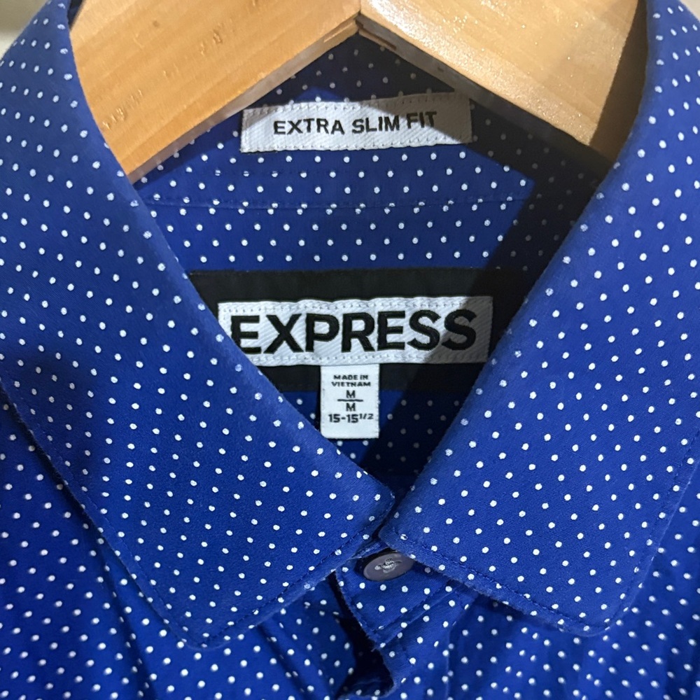 Express Men's extra slim medium Navy Polka Dot button down dress Shirt